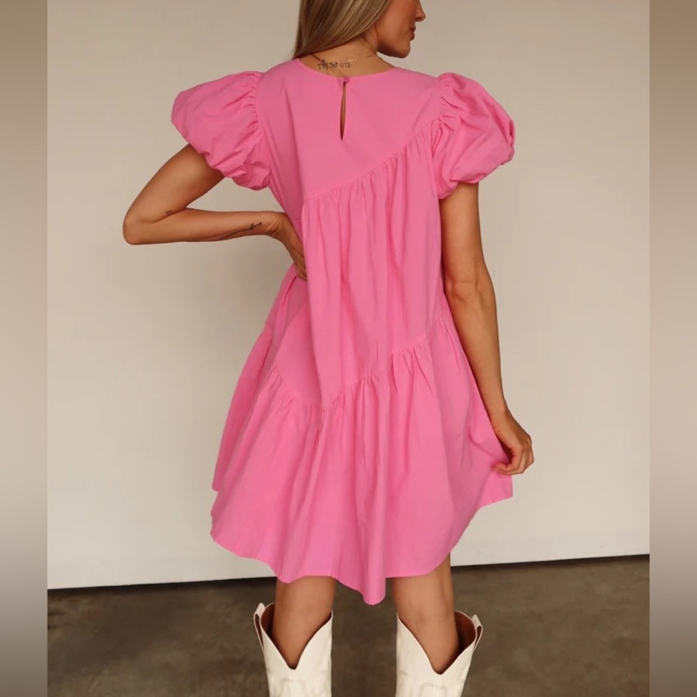&merci Bubblegum Pink Babydoll Mini Dress with Puff Sleeves - Picture 2 of 11
